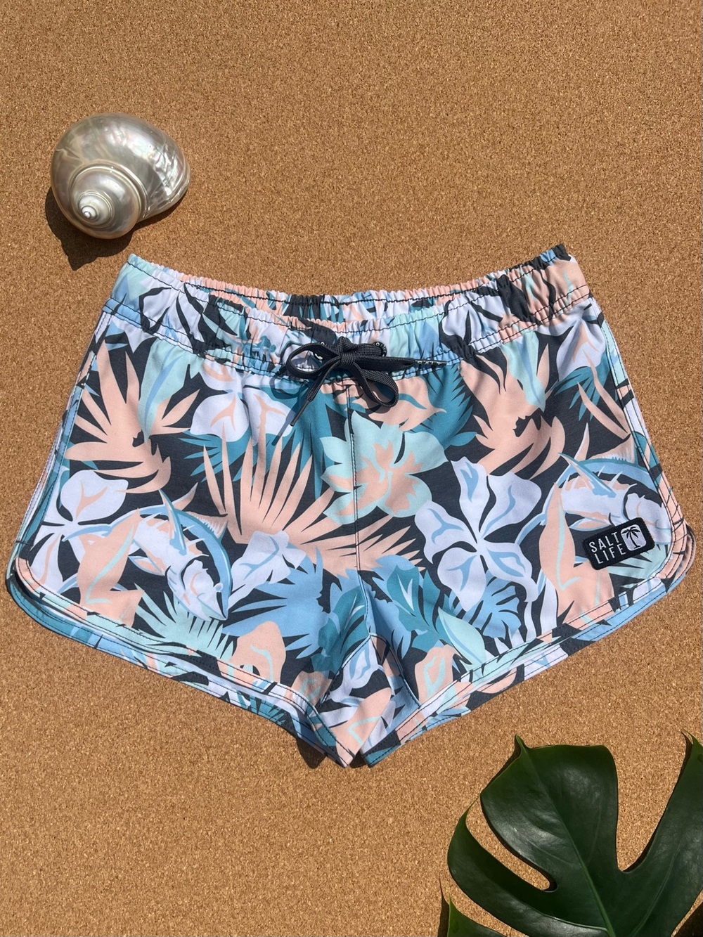 Salt Life Tropical Leaf Swim Shorts - Light Blue & Peach Girls Youth Medium